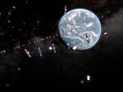 Recreación de muchos satélites orbitando alrededor de la Tierra. Imagen de la Agencia Espacial Europea