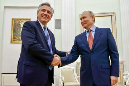 The presidents of Russia, Vladimir Putin, and Argentina, Alberto Fernández, shake hands after an official meeting in Moscow on February 3.