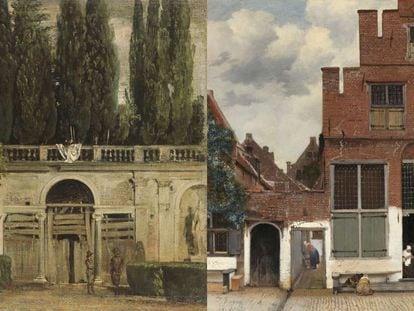 'Vista del jardín de la Villa Medici en Roma', de Velázquez (izquierda), y 'Vista de casas en Delft (La callejuela)', de Vermeer, ambos en la exposición del Prado. 