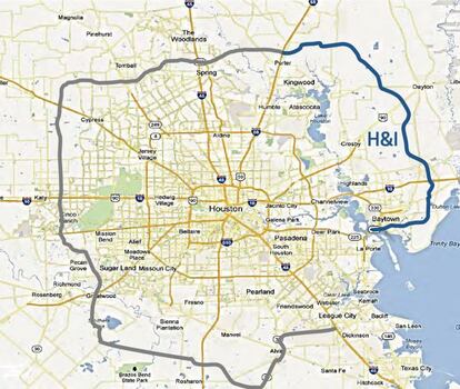 Mapa de la futura Grand Parkway, autopista de circunvalación de Houston. En azul, el tramo adjudicado por Ferrovial.