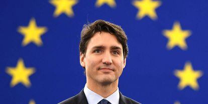 El primer ministro canadiense, Justin Trudeau, en Bruselas el d&iacute;a de la firma del CETA.