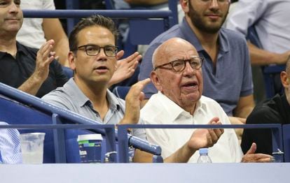 Rupert Murdoch and his son and successor, Lachlan, attend a tennis match at the US Open in September 2018. 