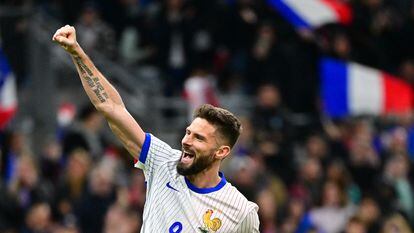 El delantero francés, Olivier Giroud, celebra un gol durante el amistoso internacional del pasado martes ante Chile, en el Estadio Velodrome (Marsella).