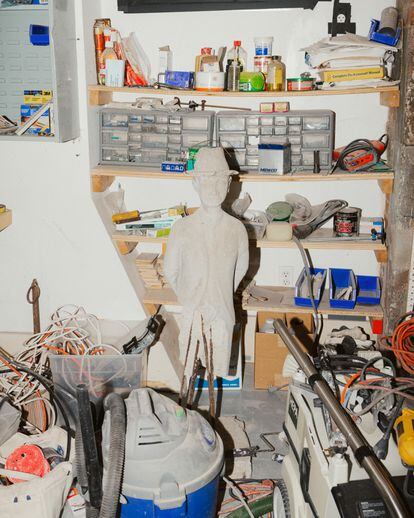 Oursler's studio crammed with cables, paintings, electronic devices.