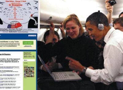 Obama mira el ordenador portátil de una periodista, durante la campaña electoral. Cartel original de la película <i>Teléfono rojo, volamos hacia Moscú. </i>