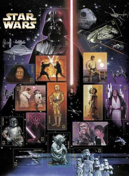 Un poster donde se muestran la serie de sellos que lanzará el Servicio Postal de Estados Unidos conmemorando las películas de 'Star Wars'.