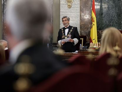 El presidente del Tribunal Supremo y del Consejo General del Poder Judicial, Carlos Lesmes durante la celebración este lunes del acto de apertura del Año Judicial en el Tribunal Supremo en Madrid.