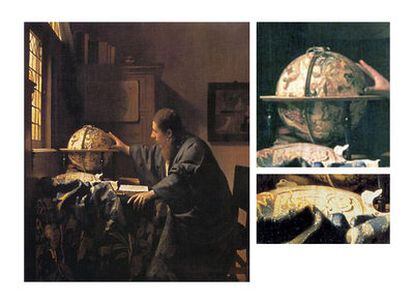 La obra <i>El astrónomo</i> de Vermeer y dos detalles del cuadro.