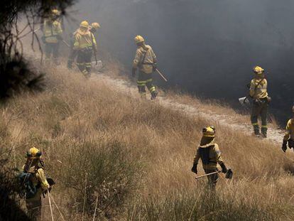 Un ret&eacute;n del Infoca se adentra en una zona incendiada el pasado fin de semana.