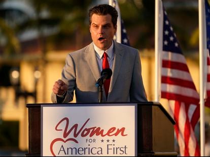 El congresista republicano por Florida Matt Gaetz, en un evento el viernes de Women for American First en Doral, Florida.