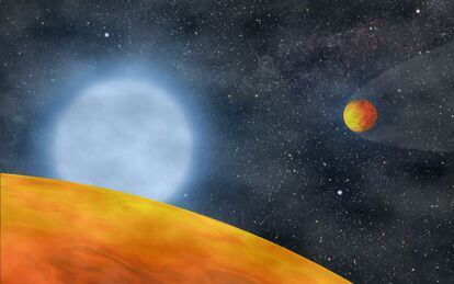 Ilustración de los dos planetas que han sobrevivido a una estrella en su fase de gigante roja.