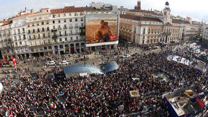 Una concentraci&oacute;n en la madrile&ntilde;a Puerta del Sol conmemora el quinto aniversario del movimiento 15M.