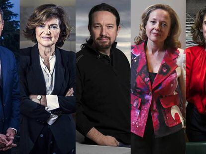 Desde la izquierda, Sánchez, Calvo, Iglesias, Calviño y Ribera. En vídeo, este es el nuevo Gobierno.