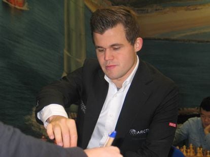 Magnus Carlsen, en enero de 2019 durante el Festival Tata de Wijk aan Zee (Países Bajos)