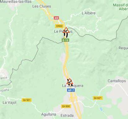 Mapa del Servei Català de Trànsit que muestra los dos puntos bloqueados por los manifestantes.