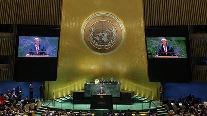 El secretario general de la ONU, António Guterres, se dirige al plenario de la 78ª Asamblea General, en Nueva York, este año.