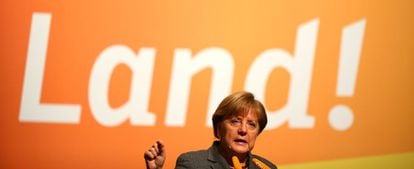 Angela Merkel hoy en un acto de campaña.