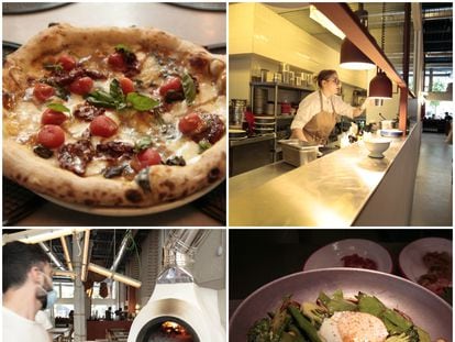 De izq. a dcha. y de arriba a abajo: pizza al horno del restaurante Mo de Movimiento; cocina vista del restaurante; el horno artesanal de leña; salteado de verduras de primavera