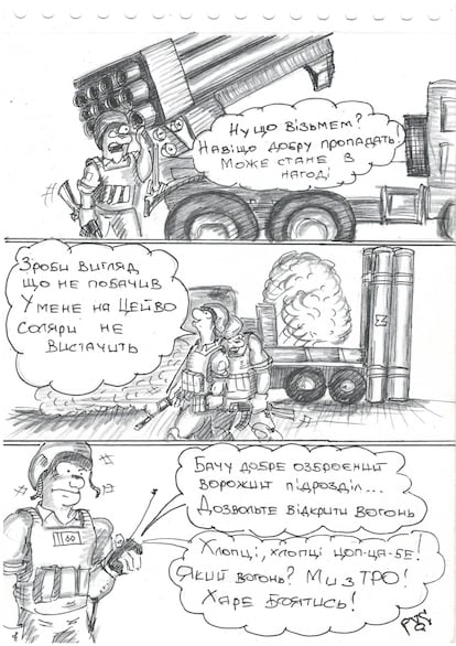 - Bueno, ¿nos lo llevamos? [Un lanzacohetes grad ruso abandonado] ¿Por qué lo bueno debe desperdiciarse? Nos puede ser de utilidad. - Finge que no lo has visto; no tengo suficiente diesel para llevárnoslo. - He visto a una unidad armada fuerte, dejadme abrir fuego. -Tío, ¿qué fuego? Somos Defensa Territorial. Basta de tener miedo.