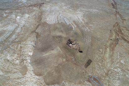 Aerial view of the Karahan Tepe excavations, in Sanliurfa province and within the Tek Tek Mountains National Park, east of the Harran Plain.
