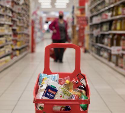 Cesta de la compra con productos básicos en un supermercado  de Madrid.