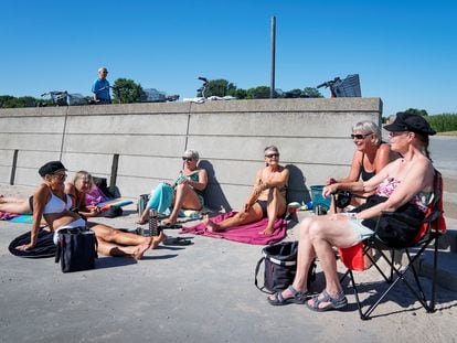 Un grupo de mujeres se sientan en el parque de la playa Amager, en Copenhague, Dinamarca.