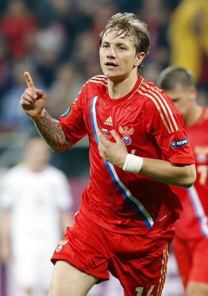 Pavlyuchenko celebra un gol ante República Checa