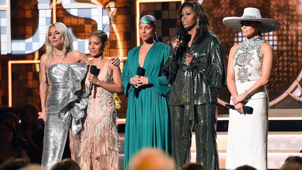 Lady Gaga, Jada Pinkett Smith, Alicia Keys, Michelle Obama y Jennifer Lopez en los premios Grammy 2019.  