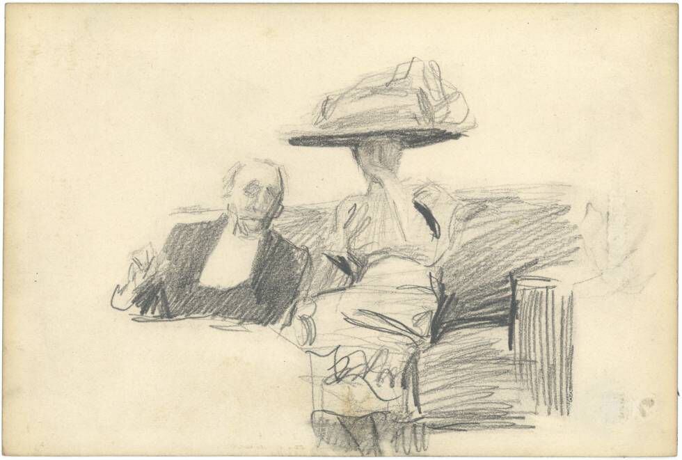 Hombre y mujer sentados en un sofá, dibujado por Josaquín Sorolla sobre una cartulina, en 1911. 