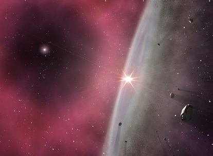 Representación del disco protoplanetario en la primera etapa de la formación del Sistema Solar, inmerso en los residuos de una estrella cercana, de seis masas solares.