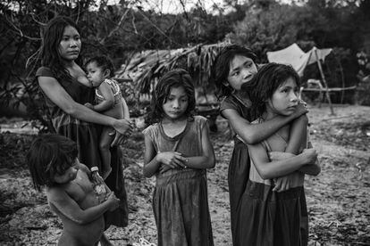 Esta imagen proporcionada por World Press Photo, parte de una serie titulada 'Amazonian Dystopia', de Lalo de Almeida, para 'Folha de S. Paulo/Panos Pictures', que ganó el premio proyectos a largo plazo, muestra a mujeres y niños de la comunidad Piraha, de pie junto a su campamento a orillas del río Maici, observando a los conductores que pasan por la carretera transamazónica con la esperanza de que les den bocadillos o refrescos. Humaita, Amazonas, Brasil, 21 de septiembre de 2016.