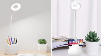 Flexo de escritorio LED para teletrabajo con portabolis que puede utilizarse como soporte para el móvil
