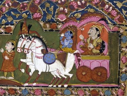 El dios Krishna y su primo, el príncipe Arjuna, viajan en carro para luchar el uno contra el otro.