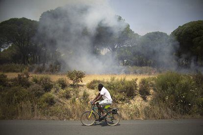 Un hombre pasa en bicicleta por una carretera junto al incendio forestal.