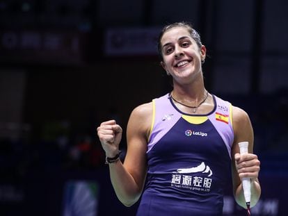 Carolina Marin celebra una victoria en el abierto de China en septiembre de 2019.