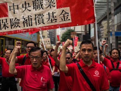 Manifestación por el Día del Trabajo en Hong Kong,.