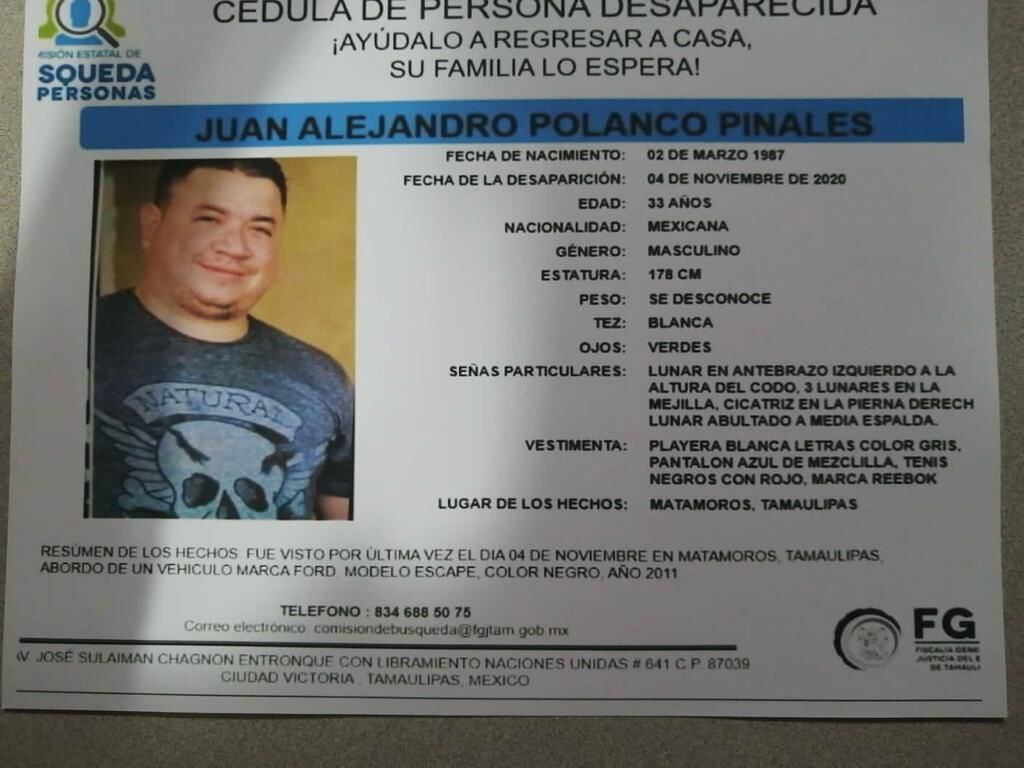 Ficha de búsqueda de Juan Alejandro Polanco Pinales, desaparecido en Tamaulipas.