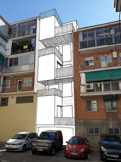 Croquis del edificio de viviendas proyectado por Jon Goitia en la calle San Fidel, 87, en el distrito de Ciudad Lineal, Madrid.