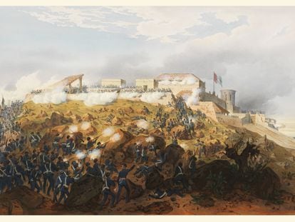 Tropas estadounidenses atacan el Castillo de Chapultepec, en una obra de Adolphe Jean Baptiste Bayot, firmada en 1851.