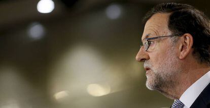 Mariano Rajoy esta jueves en el Palacio de la Moncloa, tras la reuni&oacute;n que ha mantenido con el Rey 