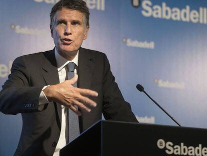 El consejero delegado del Sabadell, Jaime Guardiola, durante la presentación de resultados de junio de 2018.