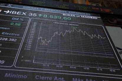 Panel informatico de la Bolsa de Madrid que muestra la evolución del principal indicador de la bolsa española, el IBEX 35. EFE/Archivo