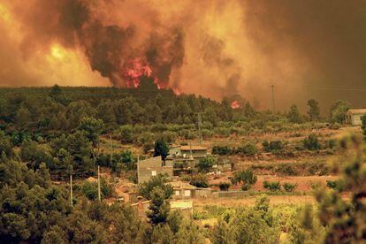 Las llamas se aproximan el viernes a un conjunto de viviendas en la localidad valenciana de Turís, uno de los municipios afectados por el incendio forestal iniciado en la localidad de Cortes de Pallás.