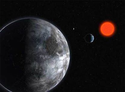 Representación de los planetas alrededor de Gliese 581 (derecha).