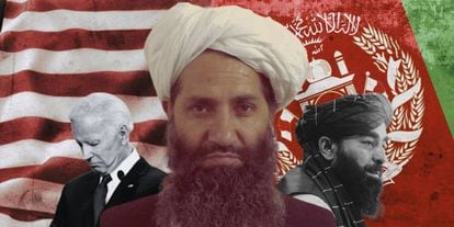 Joe Biden, presidente de EE UU; Hibatullah Akhunddzada, líder de los talibanes y Zabihullah Mujahid, portavoz del grupo talibán. 