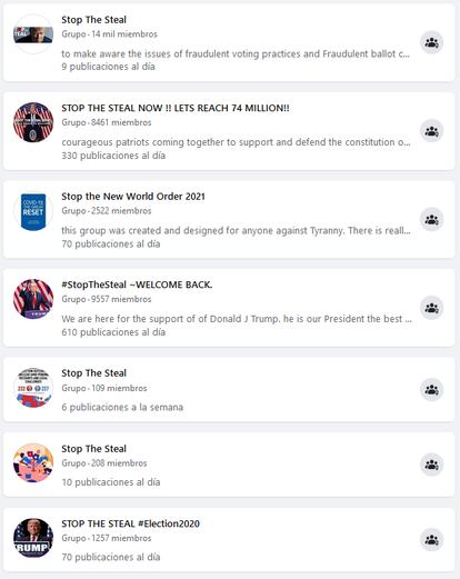 Muestra de grupos disponibles en Facebook sobre el falso robo electoral en EEUU.