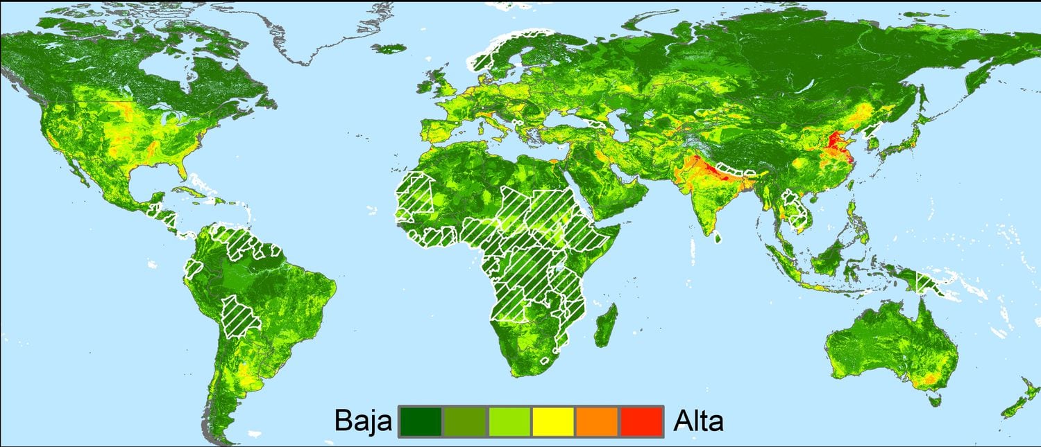 Este mapa muestra, en rojo, las zonas con mayor potencial de subsidencia. La mayoría son cuencas fluviales sometidas a un intenso desarrollo agrario y urbano.