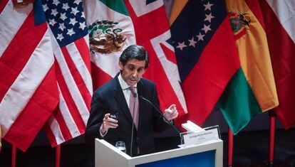 El presidente de Telefónica José María Álvarez-Pallete, este miércoles, en el Congreso de la Lengua.