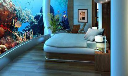 Suite sumergida en el Pacífico del Poseidon Undersea Resort en una isla privada de las Fiyi.