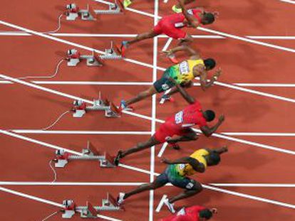 La salida de los 100m, carrera que gan&oacute; Bolt.
